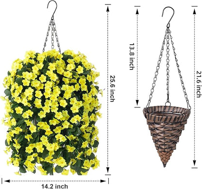 HyeFlora Artificial Fake Hanging Outdoor Flowers Plants Basket, Faux Silk Yellow Daisy Flowers UV Resistant Realistic Hanging Planter Orchid Vines for Outside Porch Patio Home Garden Yard Decoration