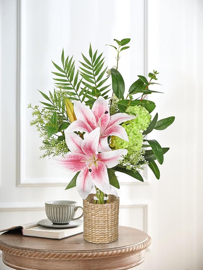 Hollyone Fake Flowers with Vase, Easter Lily Flowers, Pink Silk Tiger Lily and Hydrangea Artificial Flowers in Vase, Faux Plants and Flowers Arrangement Bouquets for Table Centerpieces Home Decor