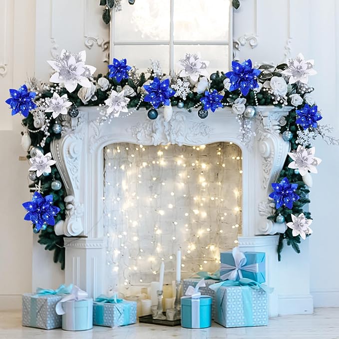 Geosar 24 Christmas Glitter Artificial Poinsettia Flowers Xmas Poinsettia Wedding Flowers Decorations Xmas Tree Ornaments with Clips for Party Favors, 6 Inch, 4 Inch, 3 Inch (Blue and Sliver)