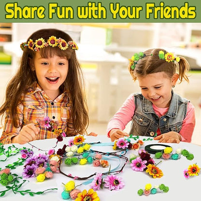 WUBOMJIO Flower Crowns Craft Kit, Make Your Own 12 PCs Floral Crowns Garland Handmade Arts and Crafts for Kids, DIY Fairy Flower Headbands and Bracelets,Hair Accessories for Girls/Teens/Women