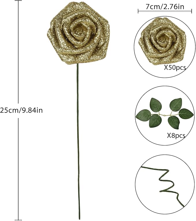 Gold Glitter Roses, 50PCS Fake Roses 2.76" Gold Flowers Artificial for Decoration Wedding Christmas Home Table Floral Arrangement