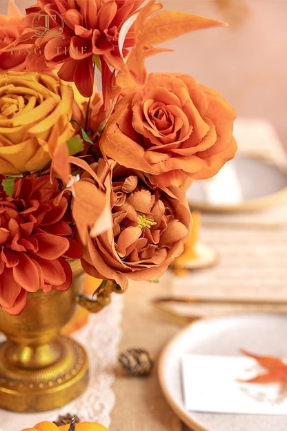 TINGE TIME Artificial Flowers Combo Box Set 16PCS Fake Rose Silk Flower with Stem for DIY Wedding Bouquets Centerpieces Baby Shower Party Home Fall Decoration (Blood Orange & Burnt Orange)