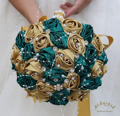 Bridal Wedding Bouquet Round Bling Brooch Bouquet Throw Toss Artificial Rose Flower Bunch for Bride Bridesmaid Wedding Quinceanera(Dark Green & Gold, 6.3")