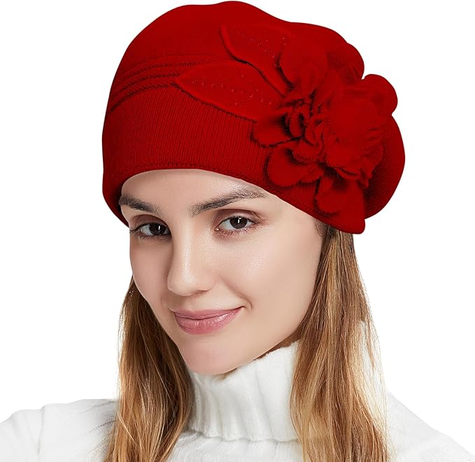 Flower Women Beret, Double Layer Thickened Winter Knitted Beanie Beret Hat, Stylish French Dress Beret Hats for Women