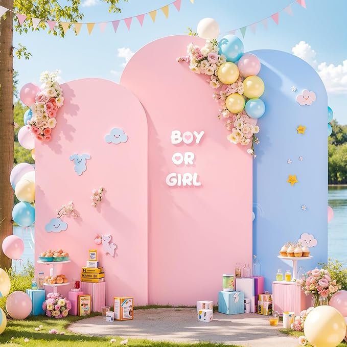 Pink and Blue Arch Backdrop Cover 8FT 7.2FT 6.6FT Arch Covers Stretchy Backdrop Set of 3, Gender Reveal Arch Cover Spandex Fitted Fabric Arch Covers for Boy or Girl Party Birthday Baby Shower Decor