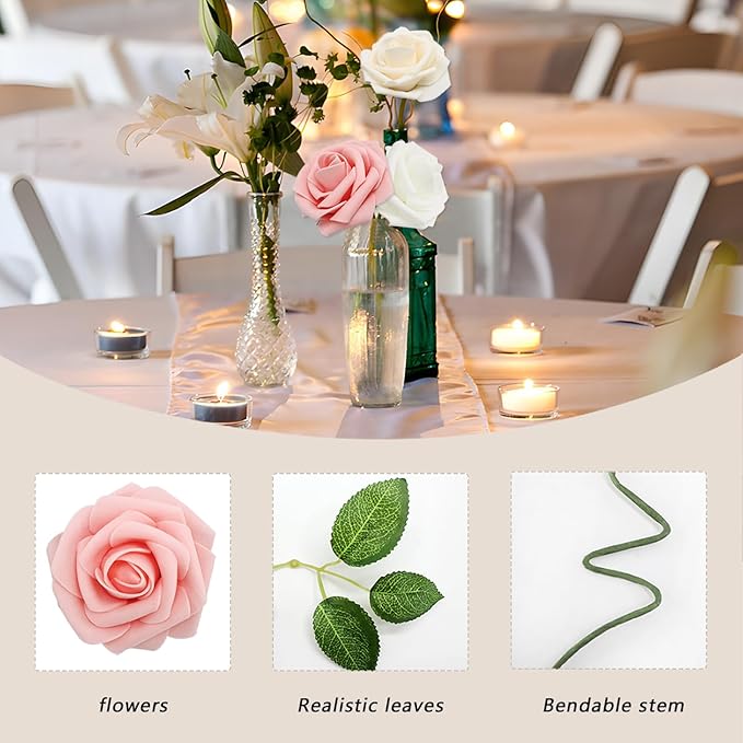 100PCS Artificial Flowers Champagne/Pink/White Roses Real Looking Foam Fake Roses with Leaves and for DIY Wedding Bouquets Bridal Shower Centerpieces Party Decorations
