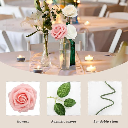 200PCS Artificial Flowers Champagne Mixed Series Roses Real Looking Foam Fake Roses with Leaves for DIY Wedding Bouquets Bridal Shower Centerpieces Party Decorations