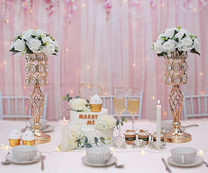 20in Metal Crystal Wedding Centerpiece Vases for Tables Set of 2, Gold Trumpet Flower Vase Stands for Wedding Party Reception Dining Room Living Room Décor