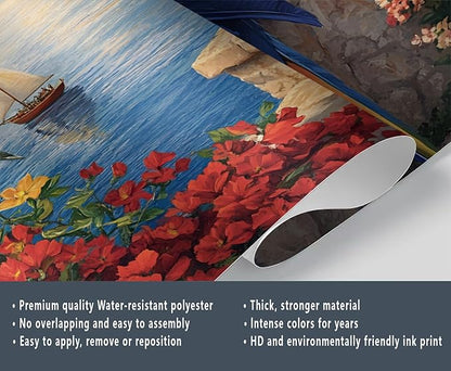 KIREUPA Macaw Parrot Wall Mural, Coastal Mediterranean Parrot 3d Wall Murals, Sunset Seaside Village Scene Wallpaper Mural, for Living Room Bedroom Large Wallpaper Indoor Decor 59" W x39.4 H