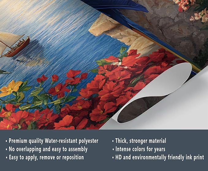 KIREUPA Macaw Parrot Wall Mural, Coastal Mediterranean Parrot 3d Wall Murals, Sunset Seaside Village Scene Wallpaper Mural, for Living Room Bedroom Large Wallpaper Indoor Decor 78.7" W x55.1 H