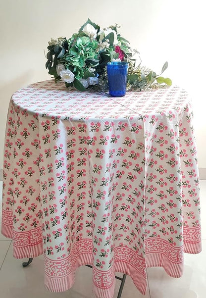 ATOSII Gulbahar White Pink 100% Cotton Spring Summer Round Tablecloth, Block Print Table Cloth for Dining, Weddings, Outdoors, Parties, Grand Millenial Home Decor 72" Inches I