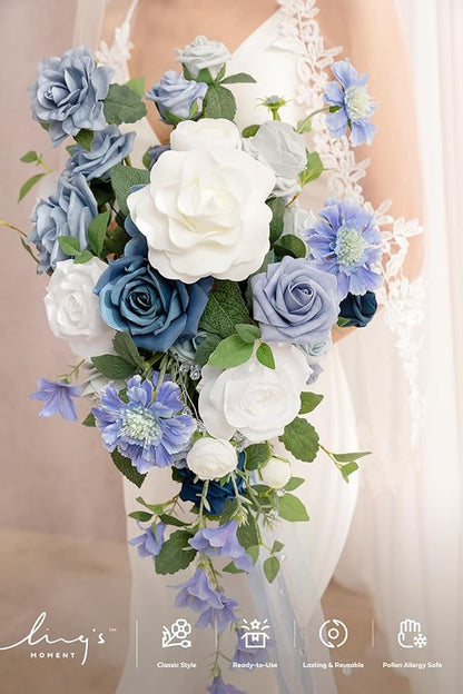 Ling's moment Dusty Blue Bridal Bouquet Cascading, Blue Wedding Bouquets for Bride, 13 Inch Bride Bouquets for Wedding Artificial Flowers Bouquets