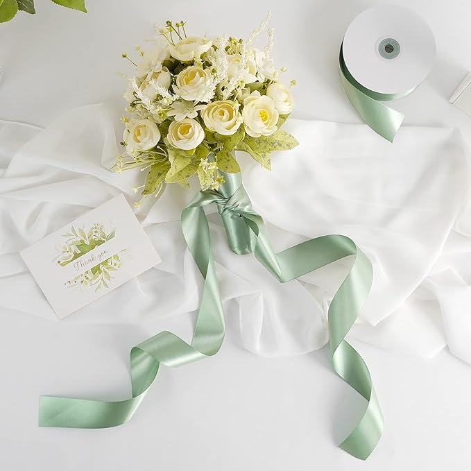 MEEDEE Sage Satin Ribbon 1-1/2 Inch Light Green Ribbon Lux Double Faced Satin Ribbons by 50 Yards Green Polyester Satin Ribbons for Crafts, Weddings, Flower Bouquet, Holiday Decorating