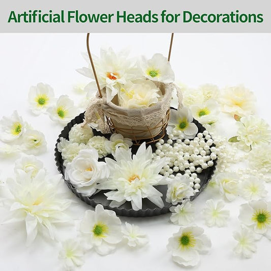 56 PCS Artificial Flower Heads White Bulk Fake Rose Peony Hydrangea Faux Flowers Small for Crafts Wedding Hair Cap Dresses Cake Baby Shower Decorations