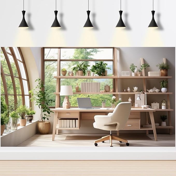 Office Backdrop for Video Conference Modern Business Home Office Work Place Background Indoor Green Plants Leaves Tranquil Work Environment for Live Video Zoom Calls Photo Portrait Prop 15x10ft