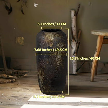 Black Rustic Ceramic Tall Floor Vase, 15.7 Inch Vintage Large Farmhouse Vase Pottery Clay Terracotta Rustic Vases for Home Decor Living Room Entryway Table Centerpieces,Kitchen,Housewarming Gifts