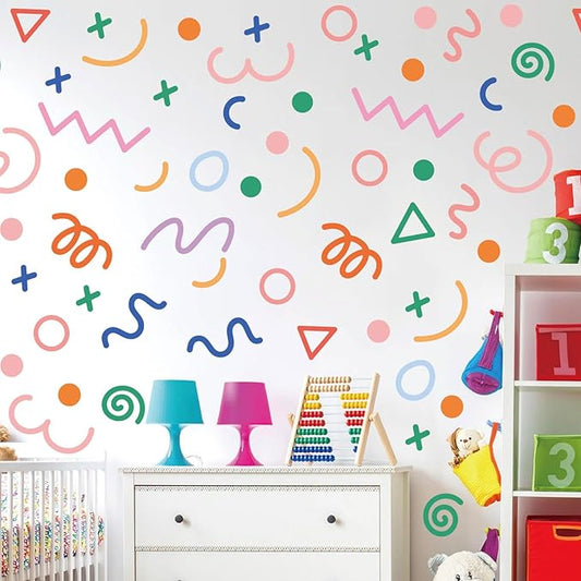 200 Pcs Geometric Wall Stickers (Irregular Lines/Triangles/Dots) - 10 Sheet Waterproof Removable Decals for Kids Room, Classroom, Nursery & Home Decor - Multi-Color DIY Art Decoration