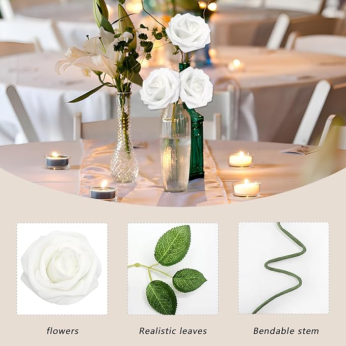 Artificial Flowers White Roses 100PCS Real Looking Foam Fake Roses with Leaves and for DIY Wedding Bouquets Bridal Shower Centerpieces Party Decorations (White, 100)