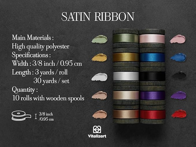 Vitalizart Satin Ribbon 3/8 Inch Double Faced Silk Like Thin Ribbon for Gift Wrapping Bouquet Hair Wedding Christmas Decoration 30 Yards