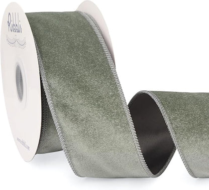Ribbli Dusty Green Velvet Wired Ribbon 2.5 Inch Sage Velvet with Satin Christmas Ribbon for Gift Wrapping Christmas Tree Decoration Crafts Wreaths Supplies-Continuous 10 Yards