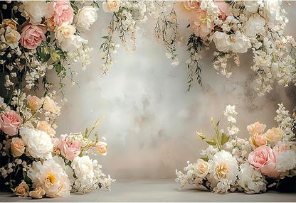 Baocicco 10x7ft Vinyl Flowers Wall Photography Backdrop Vinatage Wall White Pink Floral European Style Background Outdoor Wedding Birthday Party Banner Supplies Garden Home Decor Studio Props