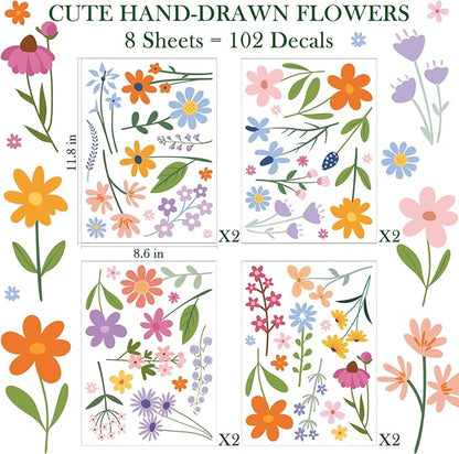 AOWDIAO Floral Wall Decals - 102 Pcs Peel and Stick Vinyl Flower Stickers - Assorted Varieties & Colors for Bedroom, Kids’ Rooms, Nursery, or Living Room Decor