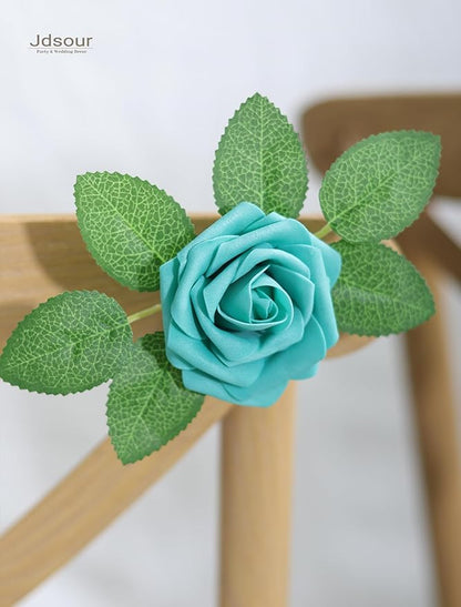 25pcs Artificial Flower，Real Looking Foam Roses w/Stem for DIY Wedding Bouquets Centerpieces Bridal Shower Party Decor-Shades of Teal Green