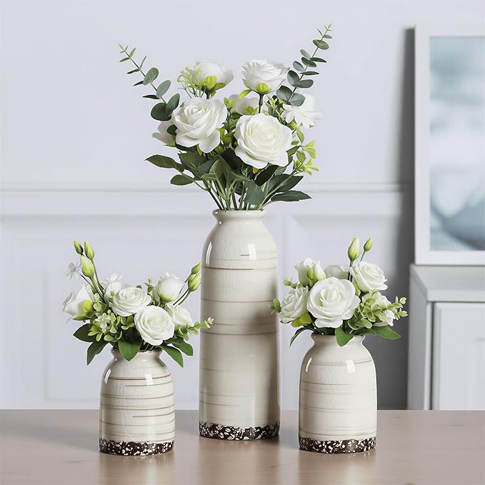 Ceramic Vase Set of 3, Farmhouse Rustic Decorative Vase for Home Decor, Modern Glazed Vase, Table Centerpiece for Living Room, Shelf, Bedroom, Kitchen (Omega Yellow)