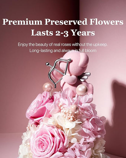 JoyFlower Preserved Flowers with Teddy Bear, Unique Pearl Roses Birthday Gifts for Women, Eternal Flower Rose Bear with Gift Box for Mom Girlfriend Wife on Valentine's, Mother's Day, Anniversary(Pink)