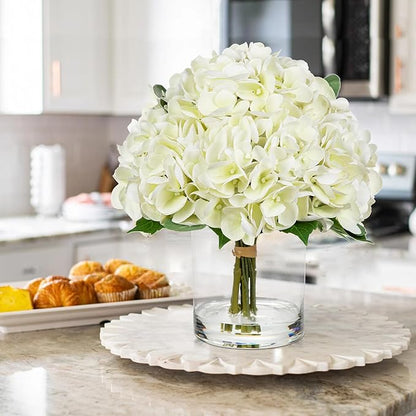 Hollyone Real Touch White Hydrangea Artificial Flowers in Vase Latex Large Faux Hydrangea Flowers Arrangements Hydrangeas Fake Flower with Glass Vase with Faux Water for Table Centerpiece Home Decor