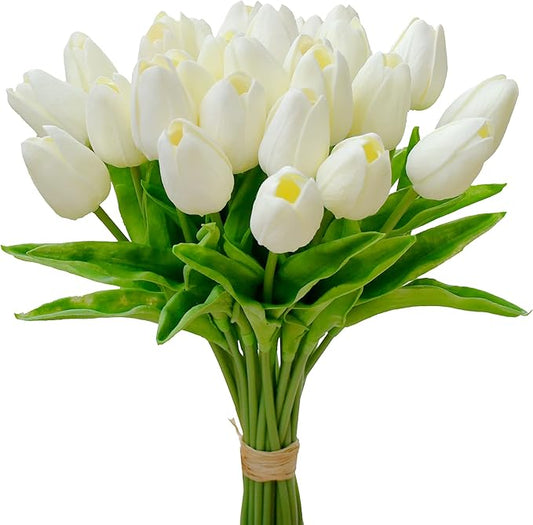 Mandy's Artificial Tulips 28 Stems Cream PU Faux Flowers for Thanksgiving and Christmas Decorations Wedding Home Decor 13.5 Inch