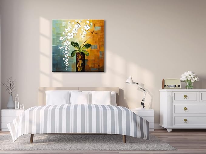 Wieco Art Beauty of Life Floral Oil Paintings on Canvas Wall Art Large Modern 100% Hand Painted Abstract White Flowers Stretched and Framed Artwork for Living Room Bedroom Home Decorations 32x32