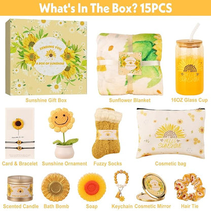 Sunflower Gifts for Women, Get Well Soon Gift Basket for Women,15pc Care Package Feel Better Gift, Surgery Wellness Kit, Thinking of You Sunshine Birthday Box for Her Mom Friend Coworkers Teacher Wife