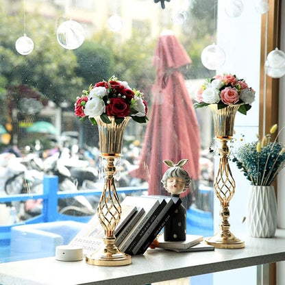 2 Pcs Elegant Metal Gold Floral Vase, Beaded Crystal Gold Trumpet Crown Vase, Perfect for Wedding Banquets, Birthdays, Anniversaries, Holiday Parties and Other Important Event Centerpieces(23.2")