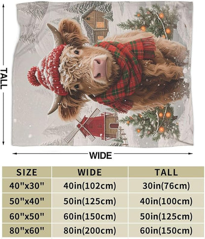 Highland Cow Blanket Christmas Cattle Throw Blanket Winter Snow Soft Cozy Fleece Fuzzy Stuffed Plush Farm Animal Flannel Gifts for Girls Women Boys Kids Adults 40''x50''