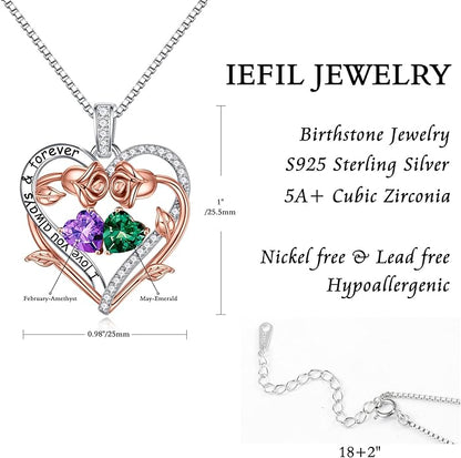 Iefil Rose Heart Double Birthstone Necklace Gifts for Wife Her Mom Women, Birthstone Jewelry Gemstone Birthday Gifts for Girlfriend Grandma Her Wife Women