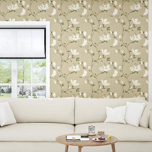 Floral Wallpaper Peel and Stick 17.5in x 32.8ft Vintage Leaf Contact Paper Khaki Magnolia Branches Flower Vinyl Self Adhesive Waterproof Leaf Wall Paper for Bathroom Bedroom Walls Furniture Decor
