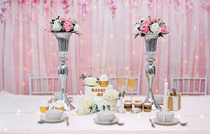 LANLONG Silver Metal Trumpet Vase, 22in Wedding Reception Centerpiece, 2Pcs Set, with Crystal Bead for Home Decor