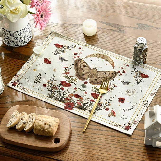 Artoid Mode Beige Poppy Moth Moon Placemats Set of 4, 12x18 Inch Floral Spring Table Mats for Outdoor Home Party Kitchen Dining Decor
