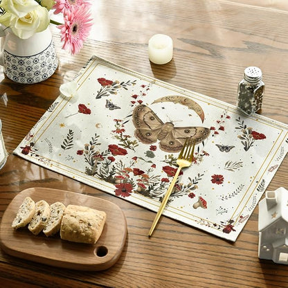 Artoid Mode Beige Poppy Moth Moon Placemats Set of 4, 12x18 Inch Floral Spring Table Mats for Outdoor Home Party Kitchen Dining Decor