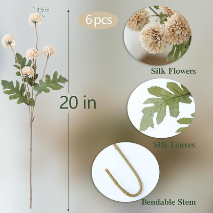 mizii 6Pcs Beige Fake Silk Pompon Mum Artificial Flowers Bulk Small Faux Chrysanthemums with Stems Realistic Floral Decorations for Wedding DIY Bouquet Centerpieces Shower Vase Home Decor (Beige)