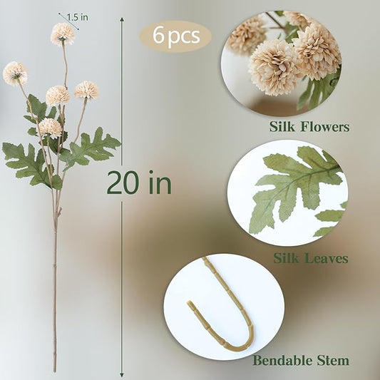 mizii 6Pcs Beige Fake Silk Pompon Mum Artificial Flowers Bulk Small Faux Chrysanthemums with Stems Realistic Floral Decorations for Wedding DIY Bouquet Centerpieces Shower Vase Home Decor (Beige)