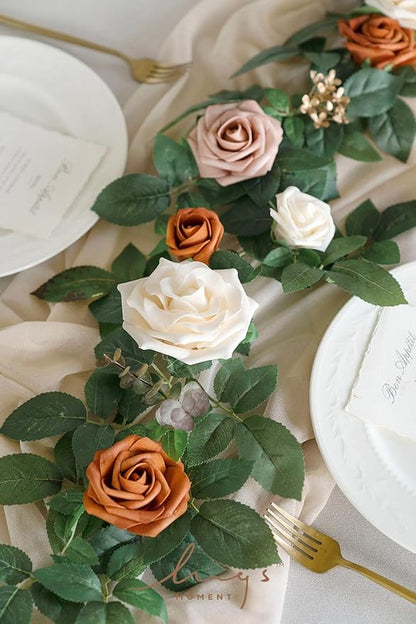 Ling's moment 5FT Terracotta Artificial Flower Garland Rust Rose Leaves Floral Garland Ivory Orange Arch Flowers Vine for Wedding Party Backdrop Decor Mantel Home Table Centerpieces Wall Decorations