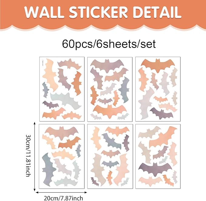 Halloween Wall Stickers 51pcs Colorful Bats Wall Decor, Halloween Decorations,Bat Stickers Removable Suitable for Bedrooms, Living Rooms, Party Scenes, Kindergartens