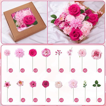 Jspupifip Pink, Hot Pink Artificial Flowers Combo Box Fake Silk Roses with Stems Hydrangea Peony Arrangement for Bridal Shower Boho DIY Wedding Cake White Flowers Table Decorations