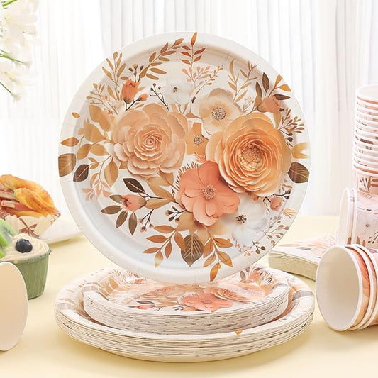 Boho Plates and Napkins Sets for 25 Guests, Floral Birthday Party supplies for Boho Fall Party Decorations