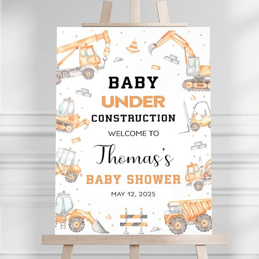 Custom Baby Shower Sign Outdoor, Personalized Baby Boy Shower Yard Sign Orange, Under Construction Party Signs Decoration Theme