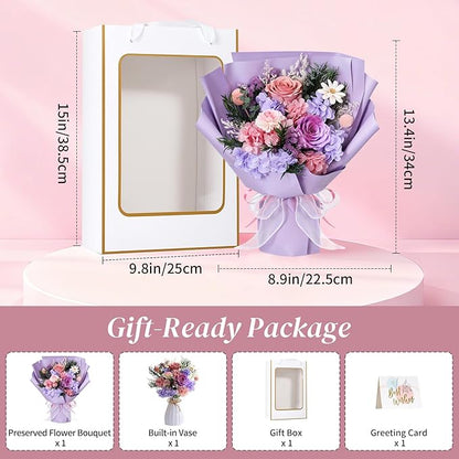 Lewondr Flower for Delivery, Preserved Flowers Bouquet, Purple Rose Bouquet, Real Long-Lasting Forever Birthday Flowers Gifts for Mom Grandma Wife Women Mothers Day Anniversary Christmas, Pink-Purple