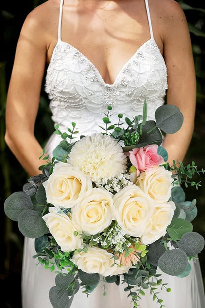 Artificial Rose Flower Ivory Flowers Ivory Roses White Roses Silk Flowers 12 pcs with Long Stem Silk Roses Bouquet for Wedding Bridal Shower Party Home Decoration