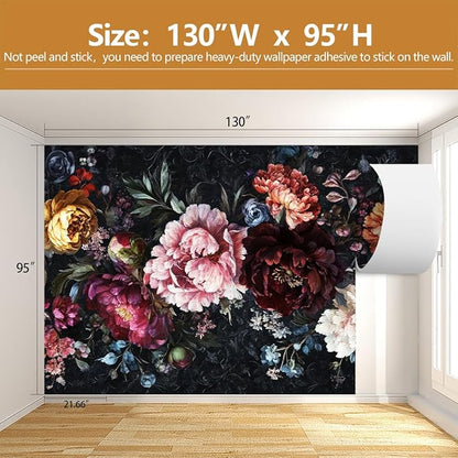 Dark Floral Wallpaper Mural Large Peony Flowers Wall Murals for Bedroom（Not Peel and Stick）